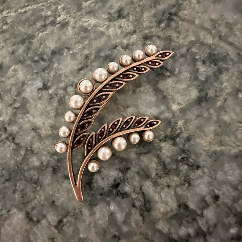 Red Rhinestone and Faux Pearl Brooch